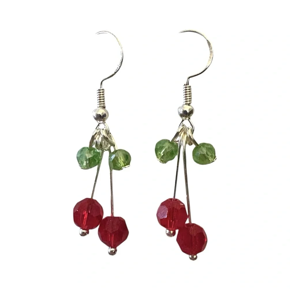 Crystal Beaded Cherry Earrings on 925 Hooks. Hand Made with Love. - Picture 3 of 4